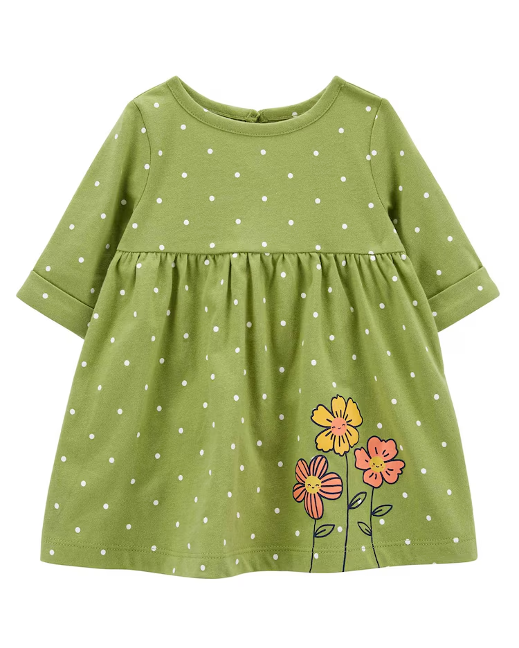 Vestido bebê evasê poá manga longa verde | Carter's