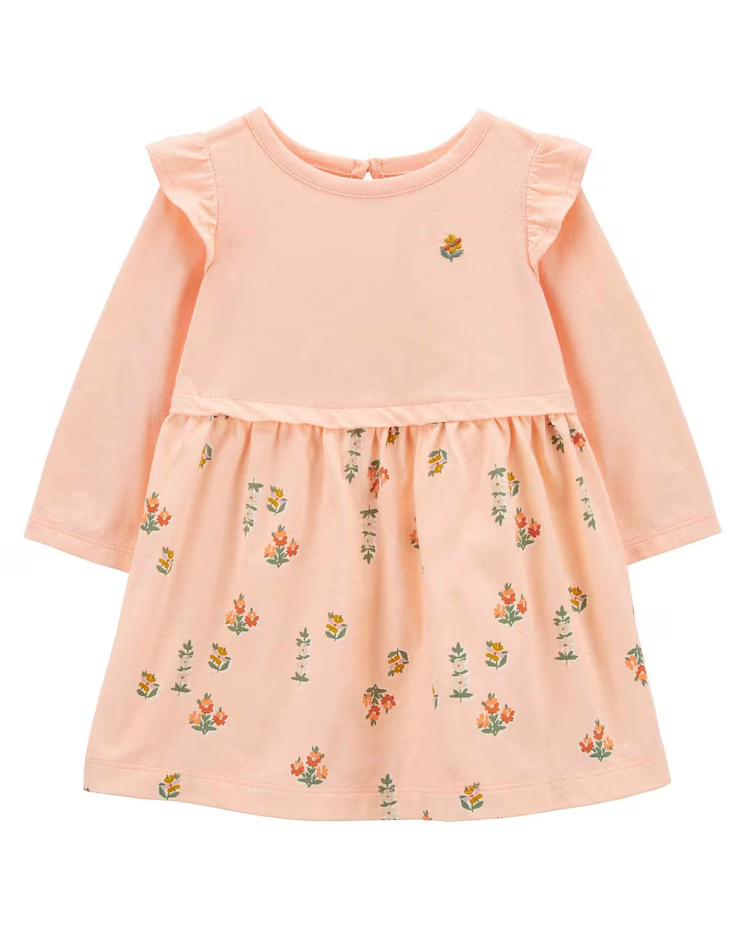 Vestido bebê evasê floral com babado manga longa rosa | Carter's