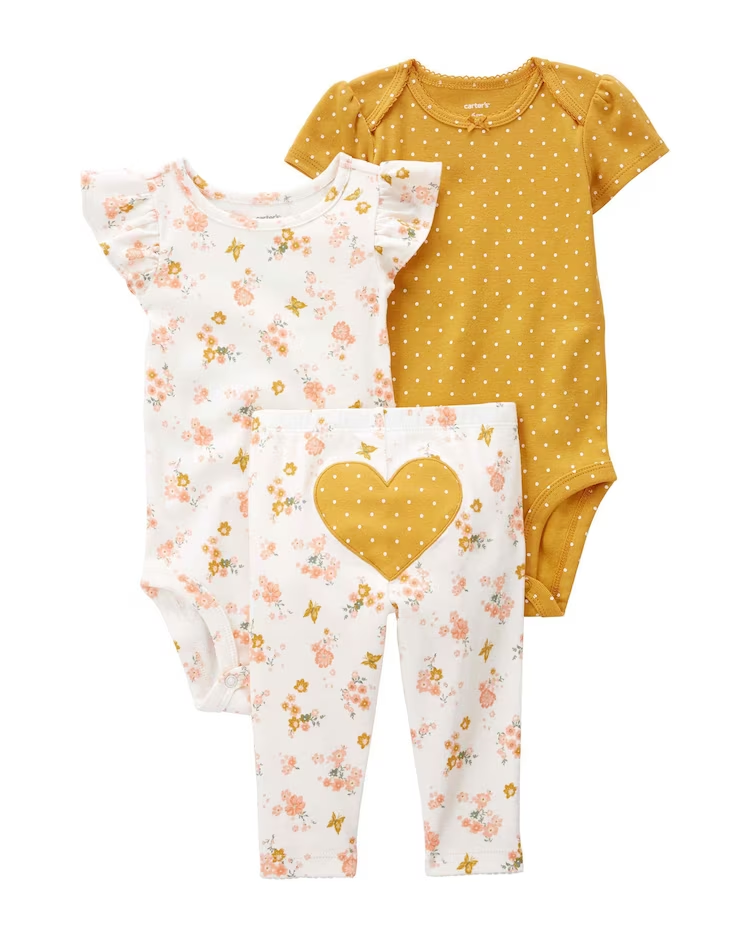 Conjunto longo bebê 3 peças floral poá amarelo | Carter's